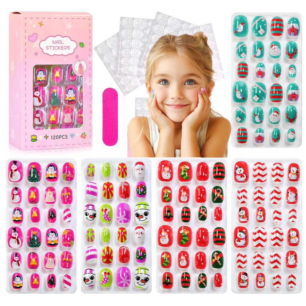 

120Pcs/box Cartoon Christmas Kids Gril Press On Nails 6-14Years Children Xmas Fake Nail Tips Cute Snowman Santa Claus False Nail
