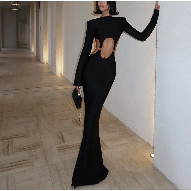 Hollow Metal Ring Round Neck Maxi Dresses Women Sexy Slim Solid Long Sleeved Shoulder Pad Vestidos 2024 Lady Evening Party Robes