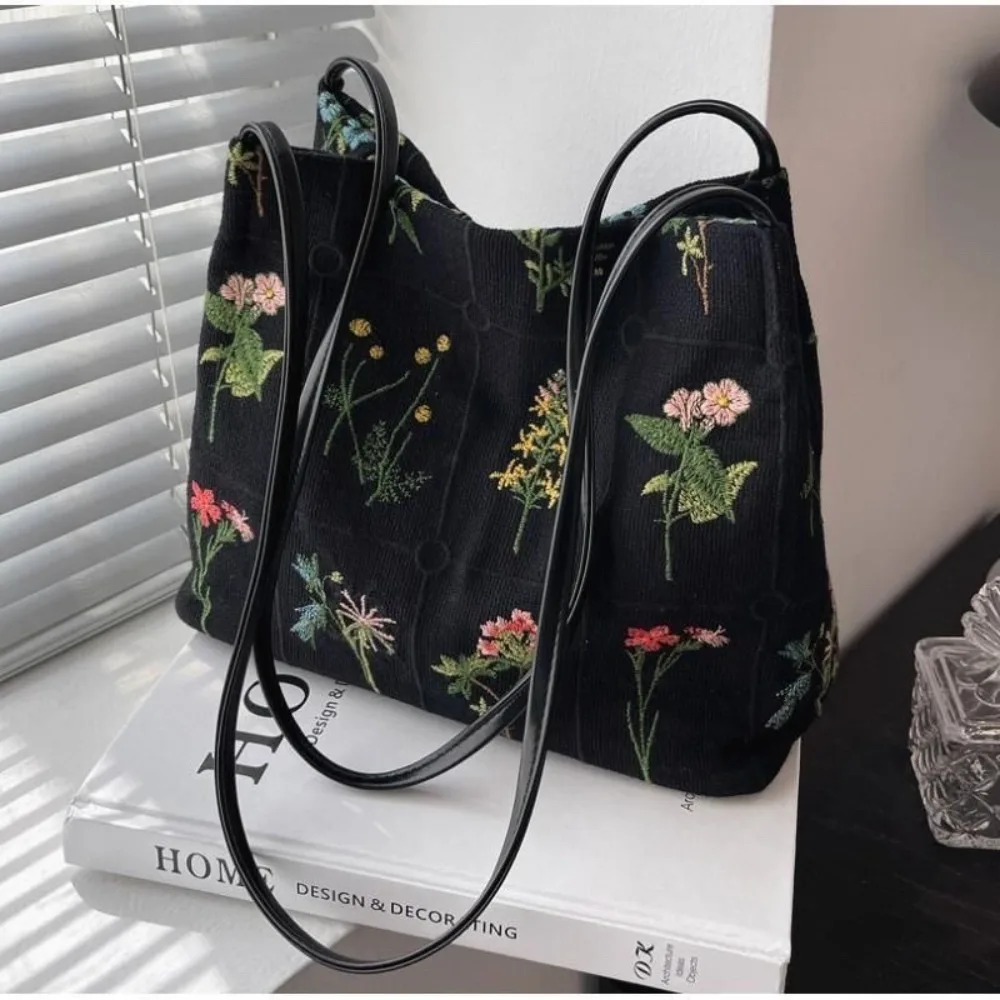 

New Large Capacity Embroidered Tote Bag Versatile Embroidered Print Bucket Bag Soft Polyester Lining Shoulder Bag Daily Use