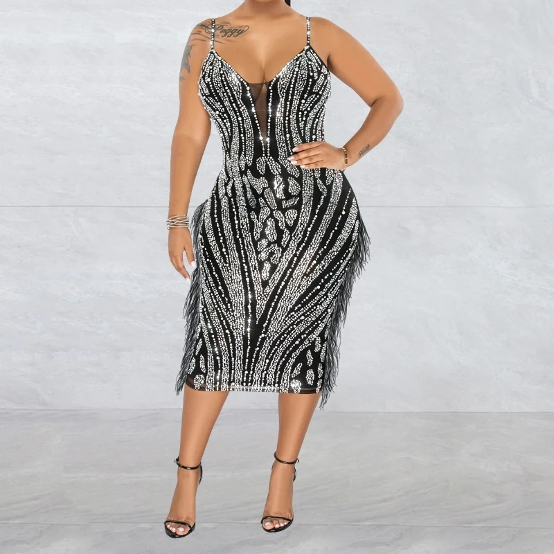 Vestido largo ajustado de malla transparente para mujer, vestido Sexy sin mangas con cuello en V y diamantes de imitación brillantes, vestido de fiesta para discoteca