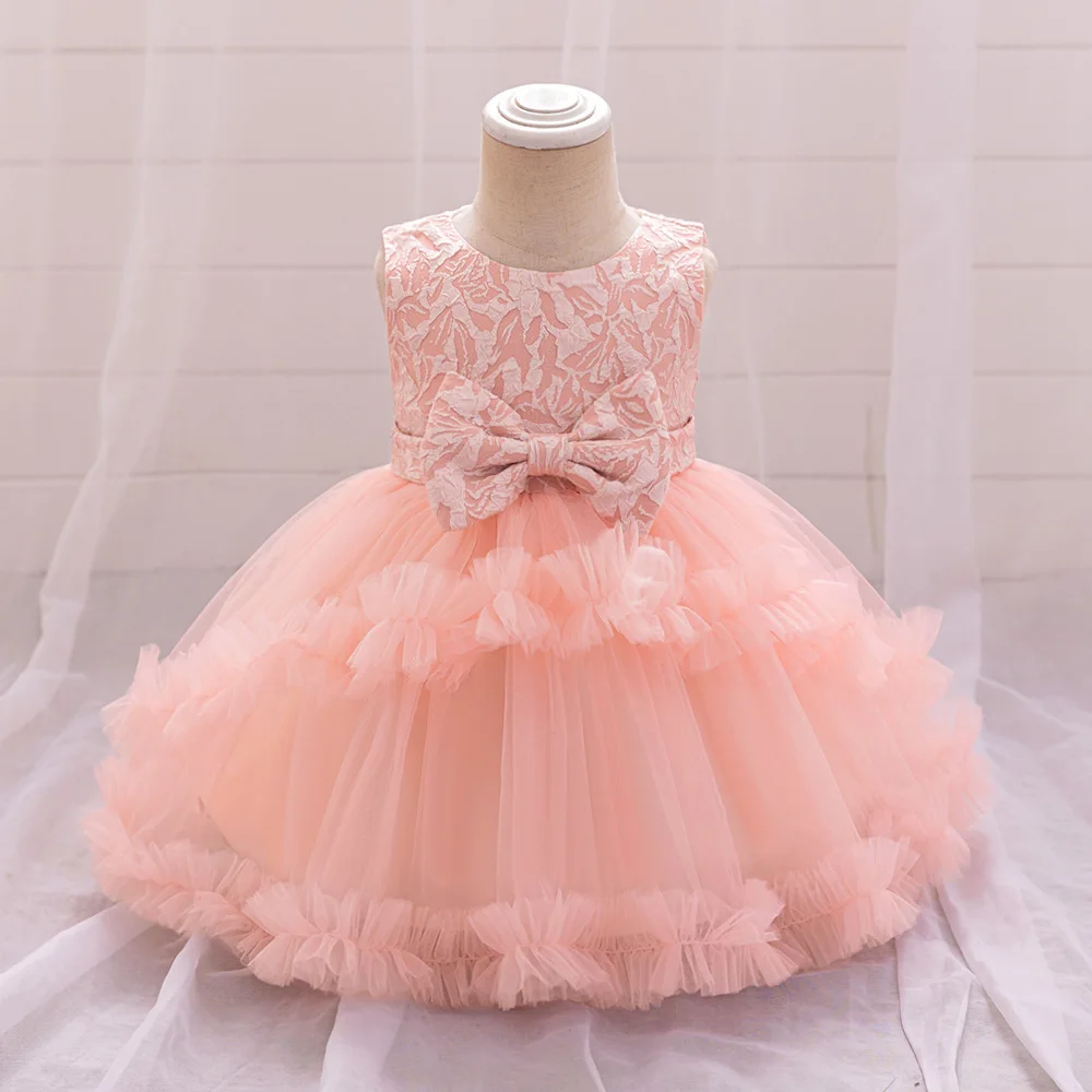 

Toddler Girls 1st Birthday Pink Dress Bow Baby Baptism Gown Kids Wedding Party Elegant Princess Puffy Tutu Costume Vestidos