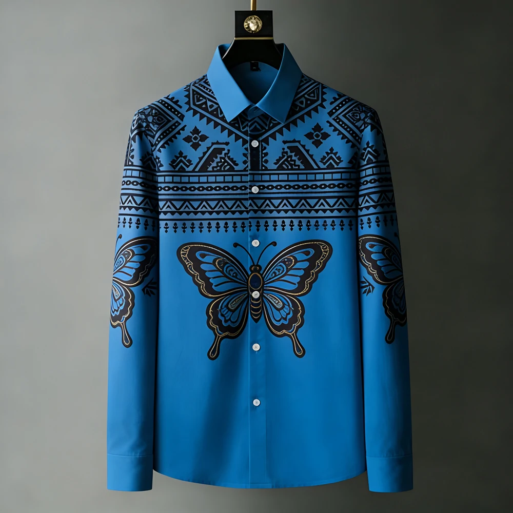 

Men's Light Luxury Flower Butterfly Natural 3D Printed Shirt Long Sleeve Lapel Button Hawaiian Beach Shirt Outdoor Clothes Men