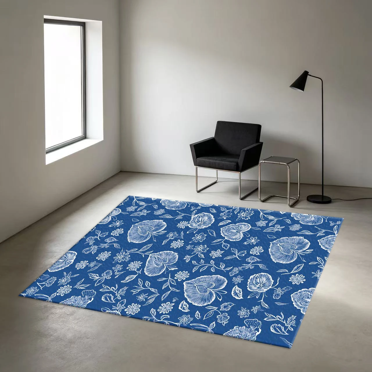 Blue Background White Sketch Floral Carpet Floor Vintage Hand-Painted Floral Non-Slip Floor Carpet