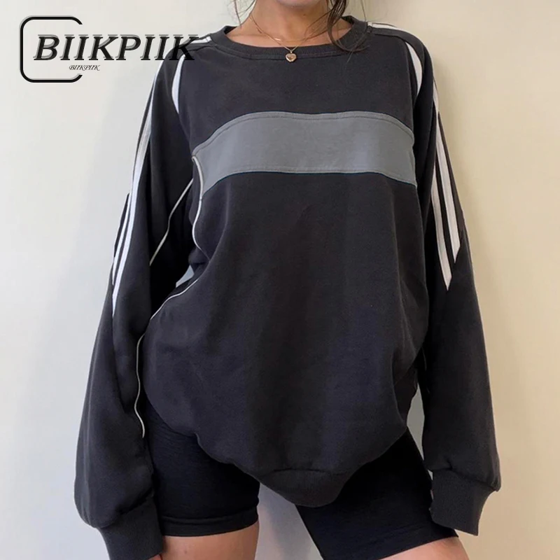 

BIIKPIIK Casual Stitch Side Stripe Patchwork Women Hoodie Sporty O Neck Long Sleeve Tops Autumn All-matched Outfits Street Style