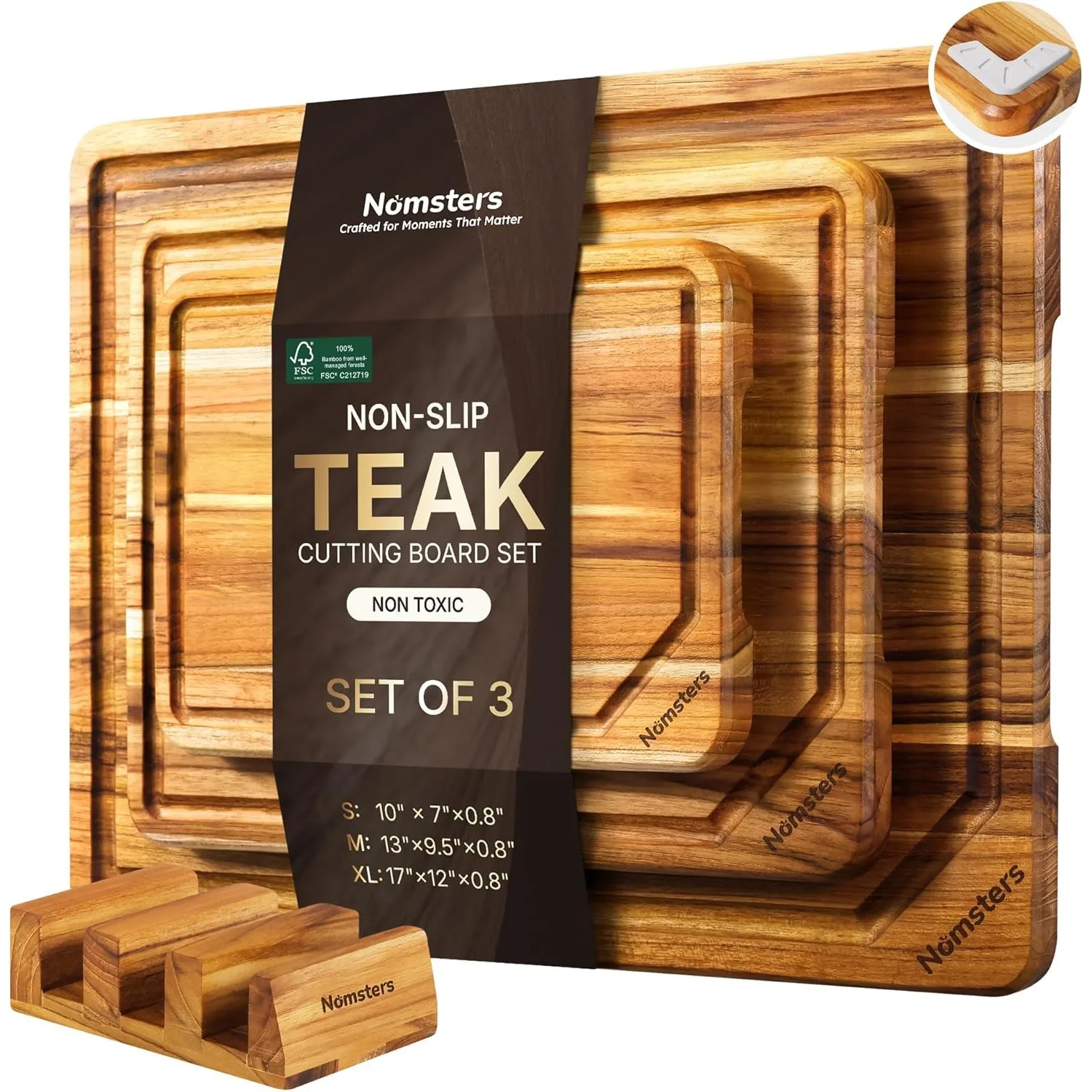 

3 Pack Teak Wood Cutting Board Set for Kitchen, Charcuterie Serving Board with Non-Slip Base, Heavy Duty Hardwood Chopping