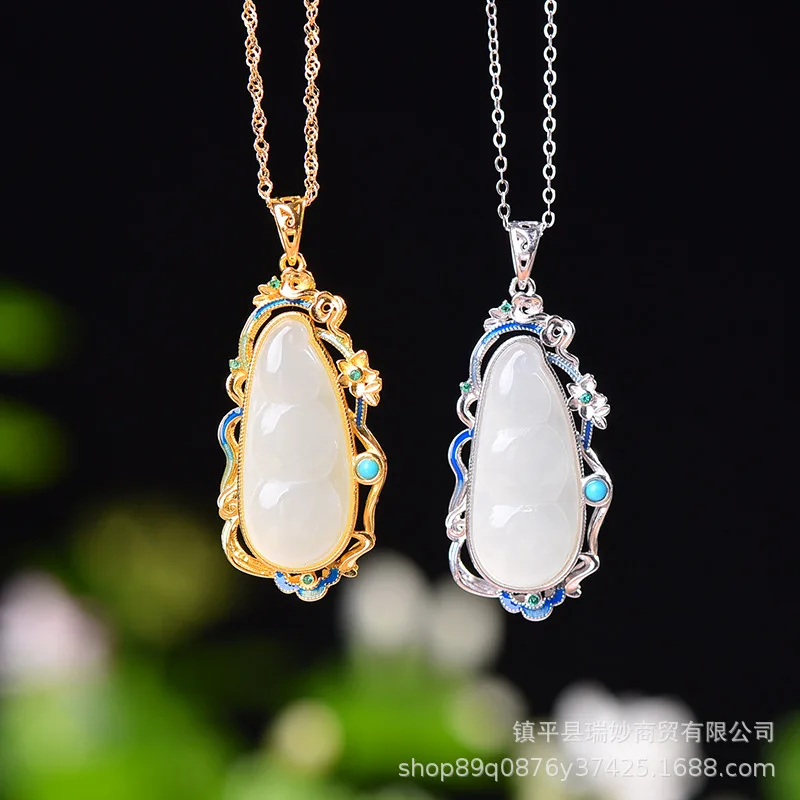 

S925 Inlaid Hetian Jade Lucky Enamel Pendant Silver Design Necklace Women Four Seasons Bean