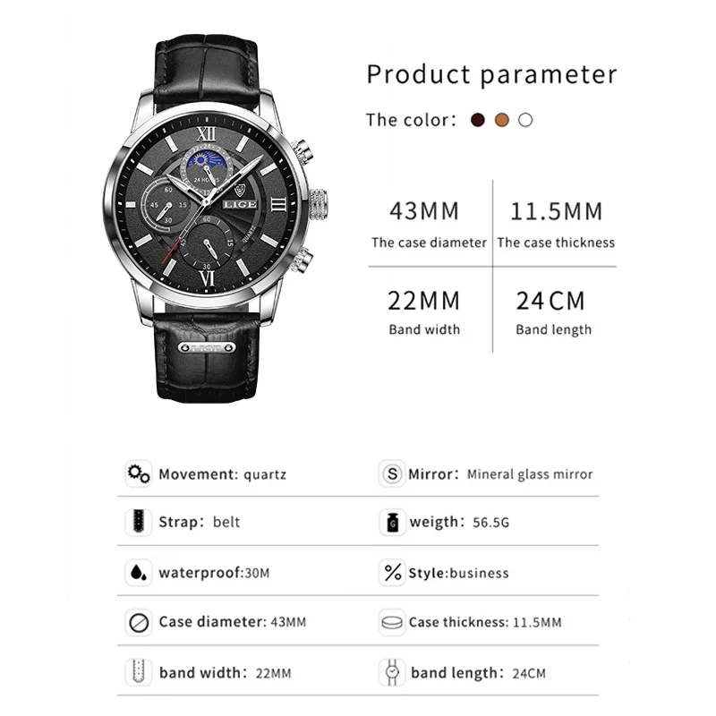 LIGE Orologio da uomo in pelle Sport all'aria aperta Calendario Orologi al quarzo da uomo Impermeabile luminoso Fasi lunari Orologio da uomo Cronografo Orologio + scatola
