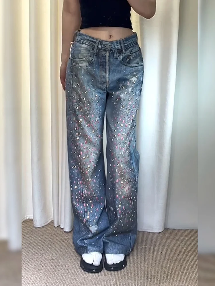 American Style Hot Girl Heavyweight 3D Candy Rhinestone Printed Denim Jeans Women's Retro Design Sensation Fashion Drag Pants