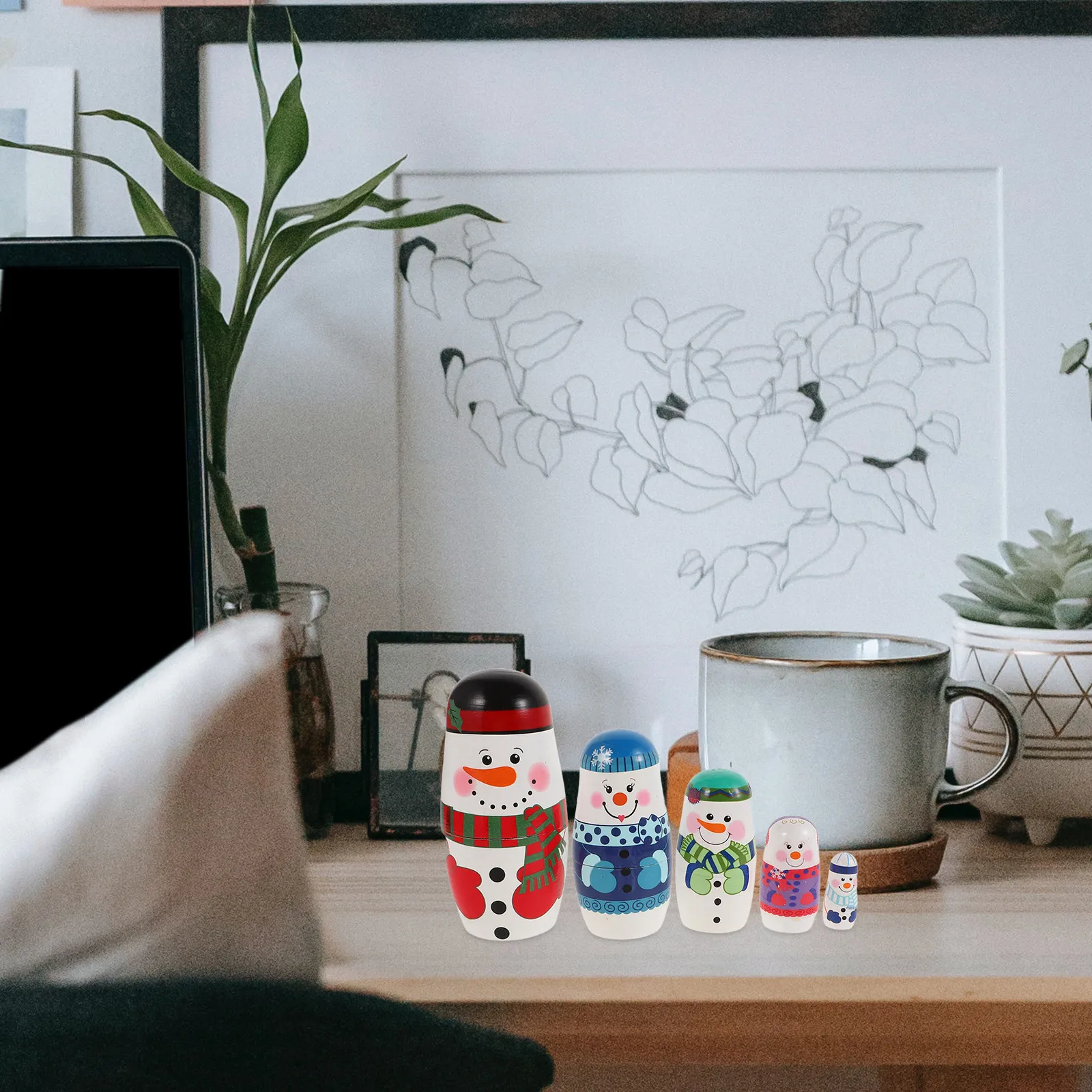 Snowman Russian Nesting 5 Layers Wooden Holiday Decoration Christmas Centerpiece Kids Educational Activity Craft Set