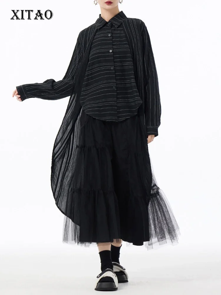 

XITAO Striped Single Breasted Asymmetrical Shirt Turn-down Collar Long Sleeve Loose Fashion Temperament Top Casual ZY8918