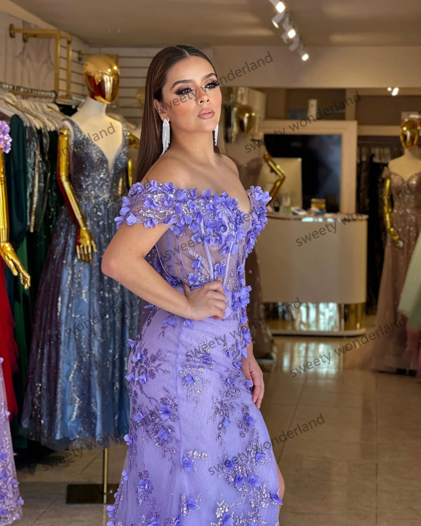 Purple Mermaid Prom Dresses with Slit 3D Flowers Women Bustier Corset vestido de novia Off the Shoulder Formal Occasion Gown