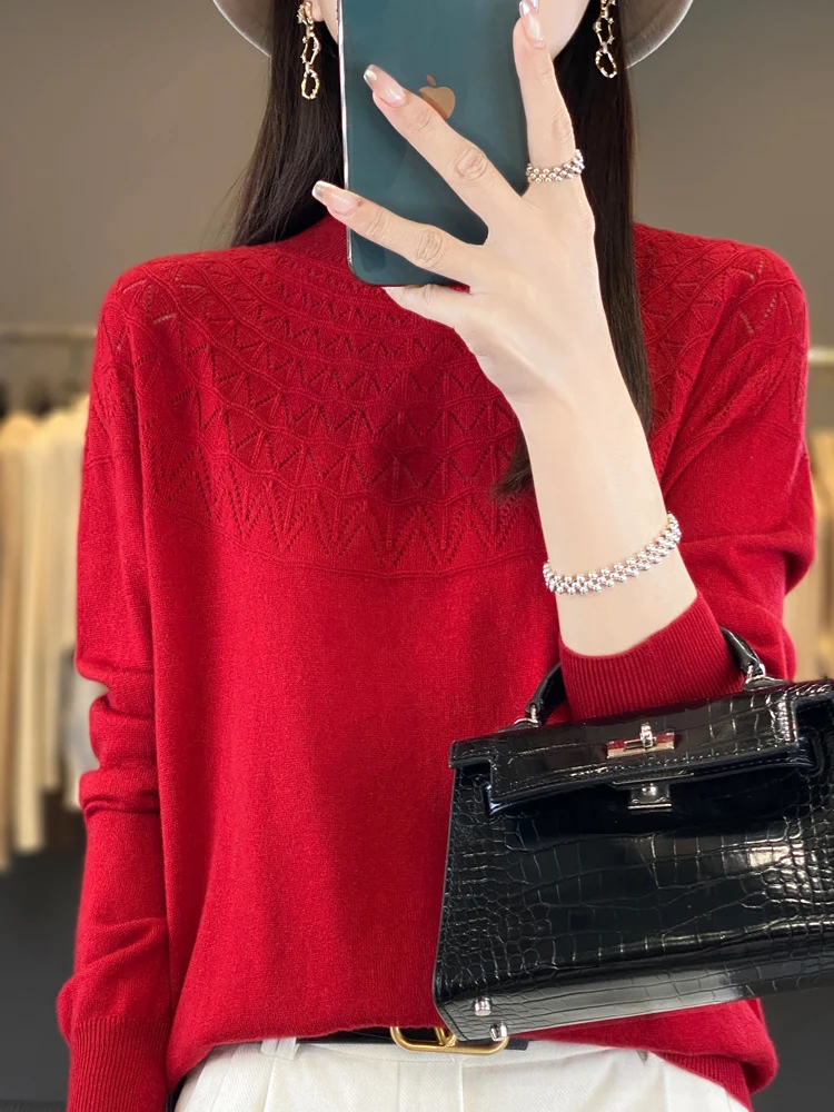 Spring and Autumn New Fine Imitation Woolen Sweater Women\'s O-neck Knitted Pullover Hollow Fashion Slim Fit Versatile Top