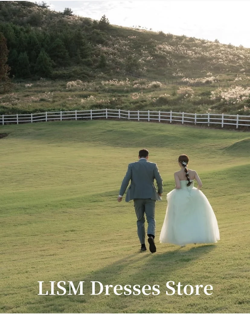 LISM Simple A-Line Korea Wedding Dresses Photo Shoot Tulle Sleeveless Floor Length Elegant Evening Gowns웨딩드레스 Customized Corsets