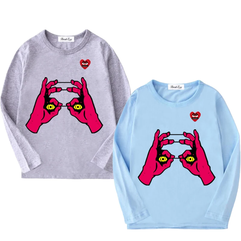 Hand Print Boy Girl T-shirt Cotton Cartoon Red Snag Heart Embroidery O-neck Long Sleeved Straight Summer T-shirt