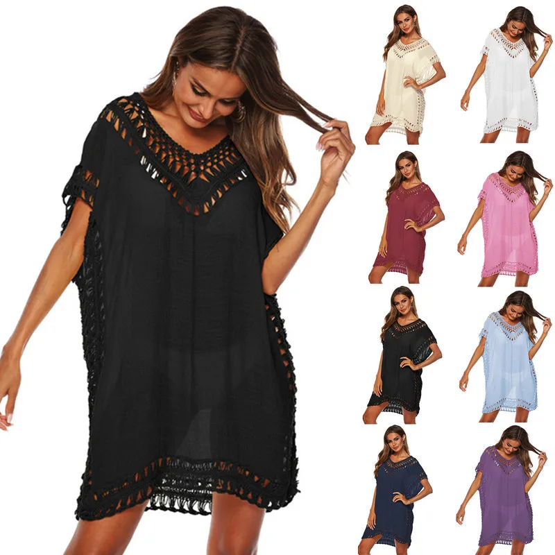 

Women Tunic Beach Cover Up Woman Large Size Black Dress Bath Outlet Crochet Cover-ups White Polyester Female 2024 Pareo Sundress