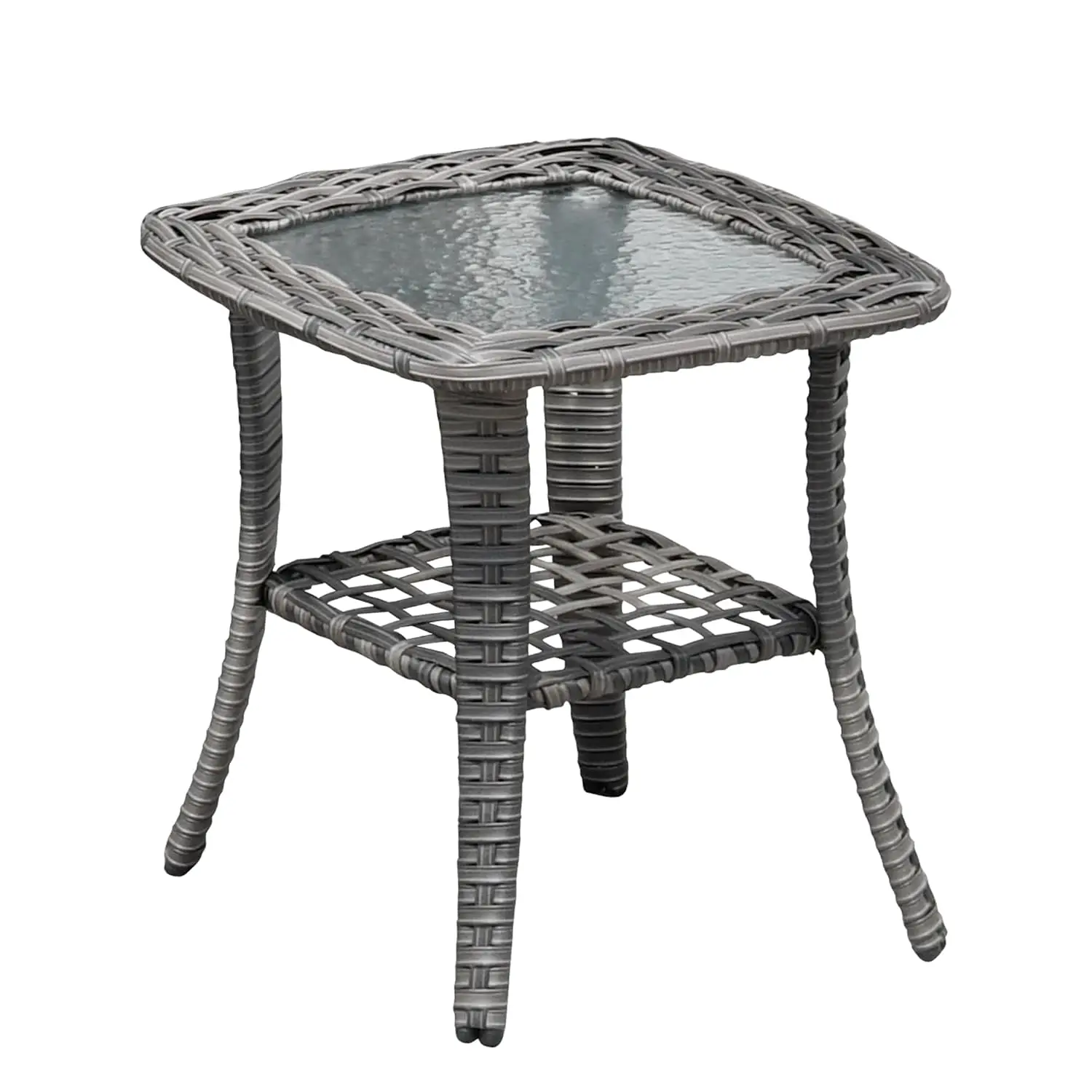 Outdoor Side Table with Tempered Glass Top, Patio Wicker Rattan 2-Tier Storage Coffee End Tables for Porch Deck, Customized