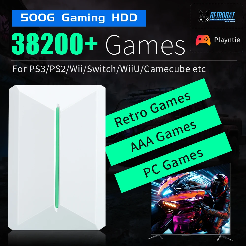 JMache 500GB Portable Gaming HDD Playnite & Retrobat Retro Game Console With 38200+ Games for PS3/PS2/PS1/Wii/WiiU/Switch/MAME