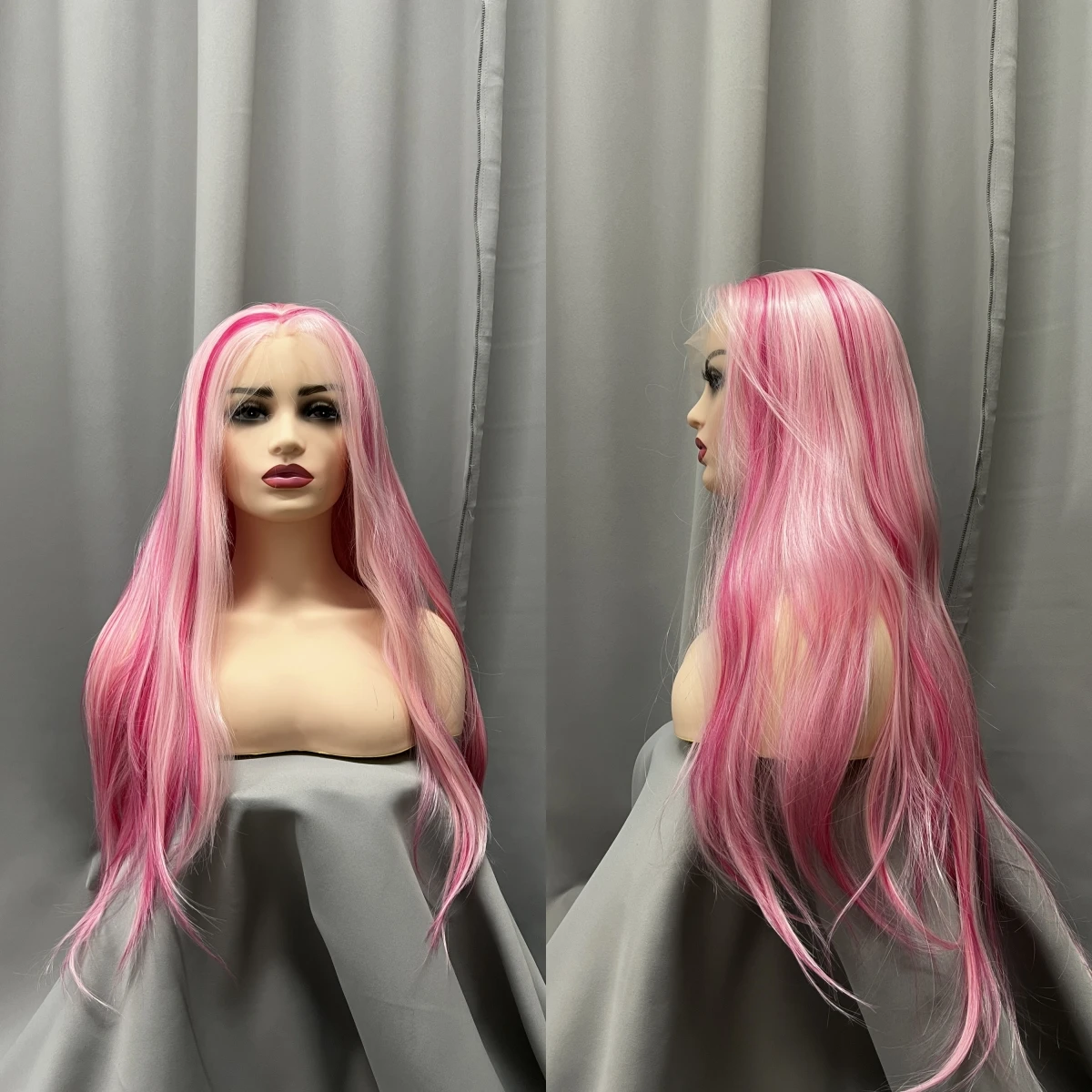 Pink Long Synthetic Wig Front Lace Mesh Cap Comfortable Elastic Natural Hallline Cosplay Party Dating Women Lace Front Wig