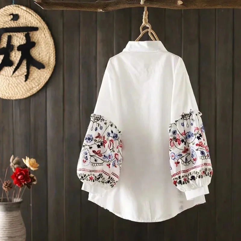 Bohemian Ethnic Shirts & Blouses Women Mexican Style Ethnic 100% Cotton Long Sleeve Embroidered Blouses Gypsy Tops