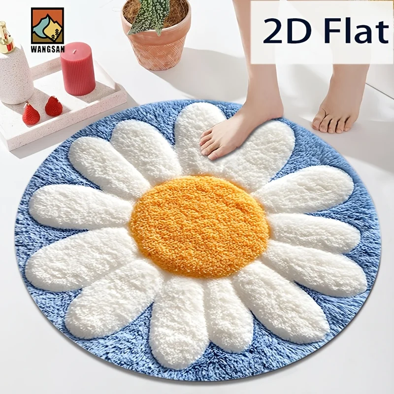 Daisy Flower Round Rug Blue White Yellow Flannel Soft 2D Flat Non Slip Bath Mat for Bathroom Bedroom Kids Room Cute FloralDesign