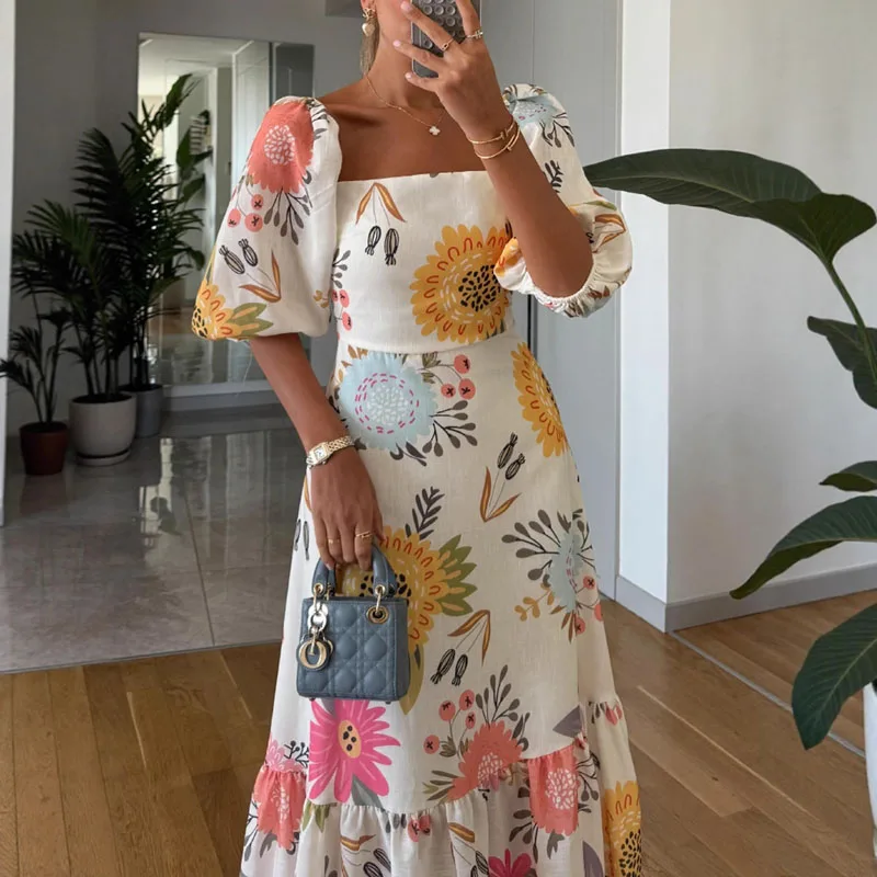 Robe longue plissée à imprimé Floral pour femme, élégante, col carré, manches bouffantes, décontractée, ligne a, style Boho, dos nu, robe de vacances