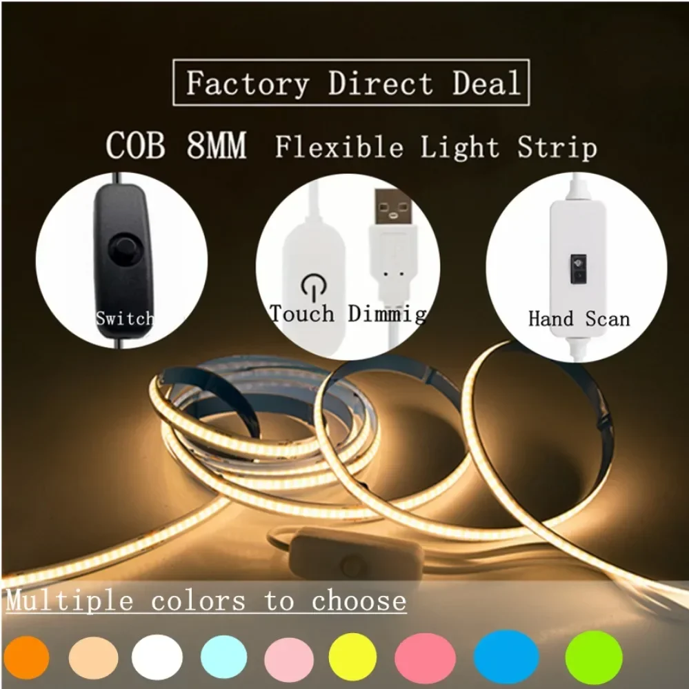 Touch Dimmable USB LED Strip Light 5V 320LEDs/M COB Touch Sensor Lamp Tape DIY TV Mirror Backlight Kitchen Room Night Lighting