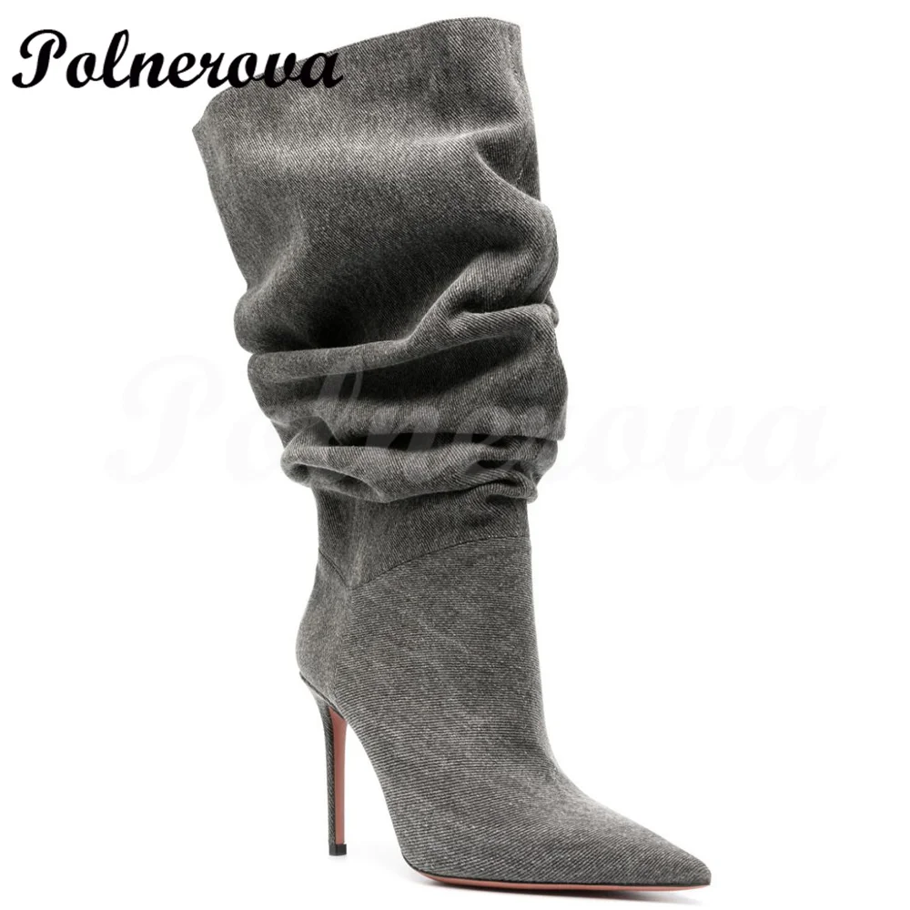 

Gray Denim Pleated Boots for Women Slip-On Spring and Autumn Season Fashion Simple Atmosphere Ladies Mid-Tube Boots