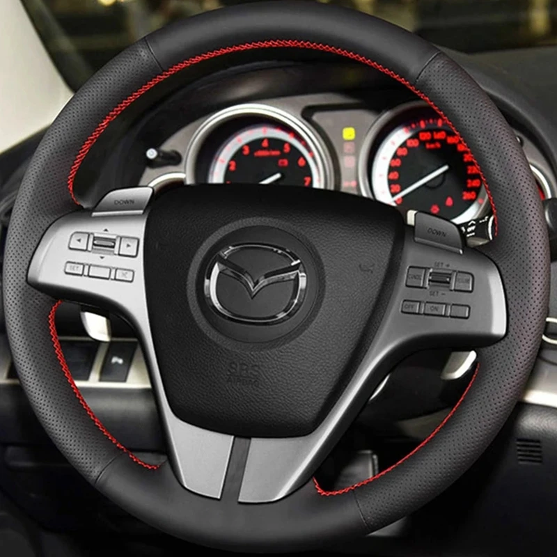 DIY Black Artificial Leather Hand-Sewn Car Steering Wheel Cover For Briving Suitable For Mazda 3 Mazda 6 2009 Car Accessories