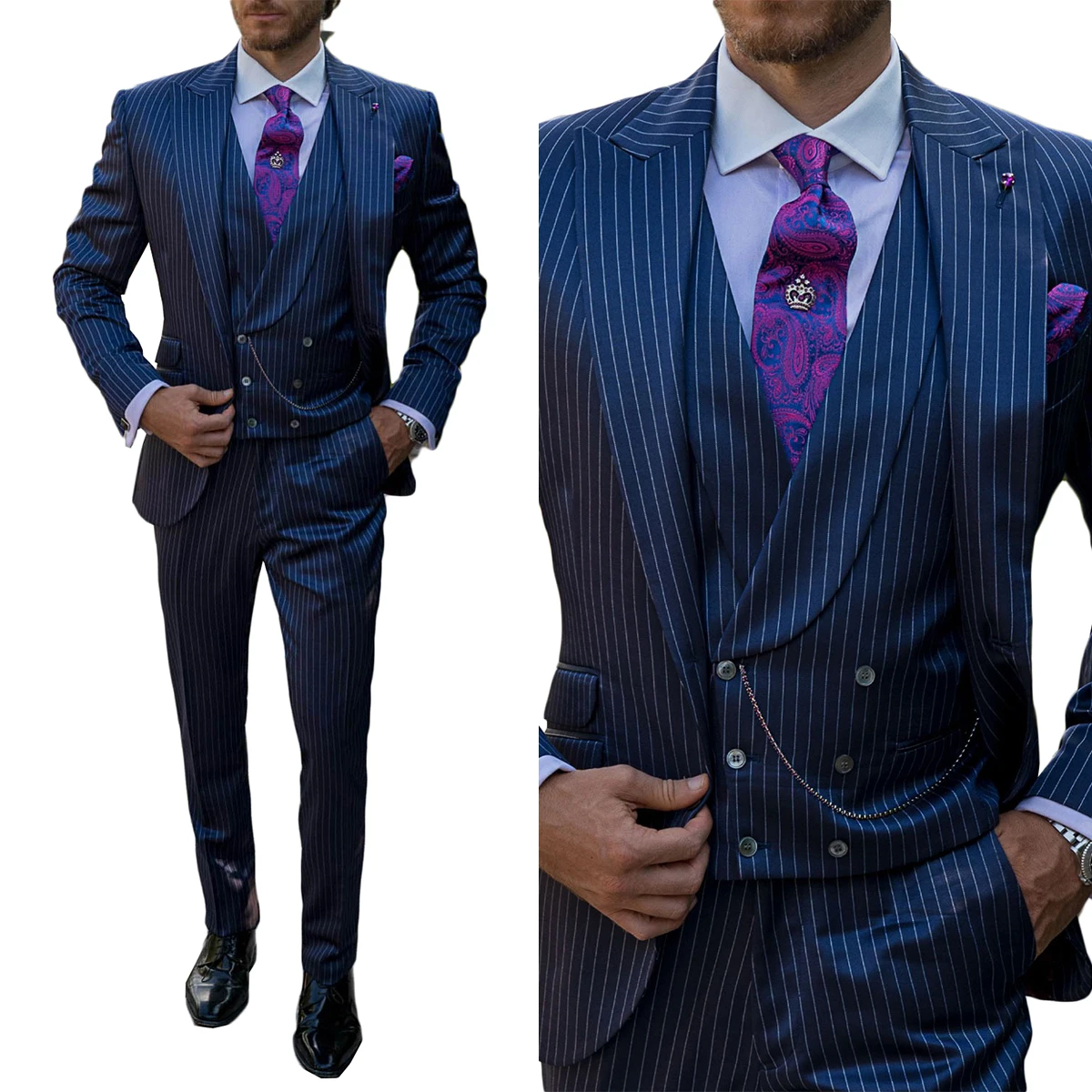 Trajes de boda a rayas azul marino para hombres, ajuste Delgado, solapa con visera, esmoquin de novio, chaqueta, chaleco, pantalones, 3 piezas