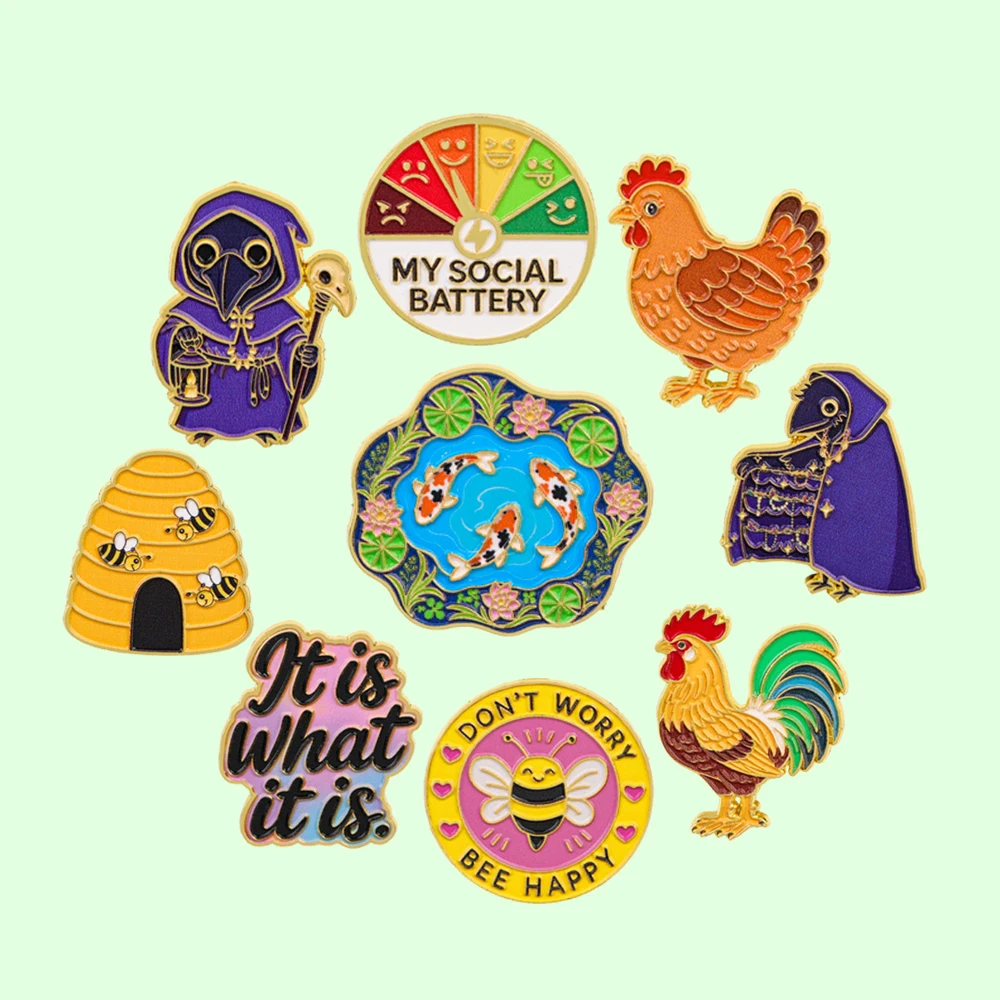 Cartoon Enamel Pins Funny Animal & Slogan Lapel Brooches Rooster Bee Metal Badge Ornaments for Clothes Bag Creative Holiday Gift