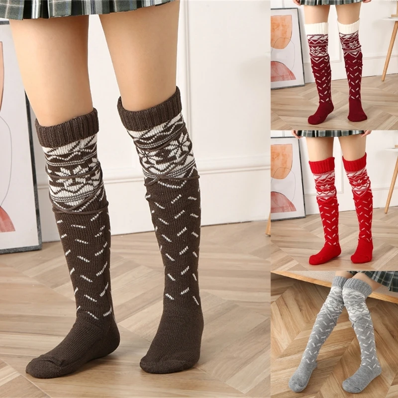 Weihnachtliche, oberschenkelhohe Stiefelsocken mit Bändern für Damen, Schneeflocke, gestrickt, über Kniestrümpfe, Beinstulpen