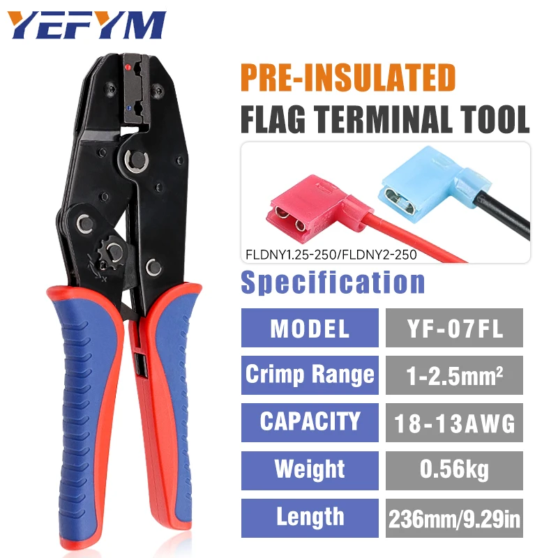 Pre-Insulated Flag Terminals Crimper Pliers YF-07FL For 18-13AWG(1-2.5mm²) Wire Crimping Right Angle Spade FLDNY1.25/2 Connector