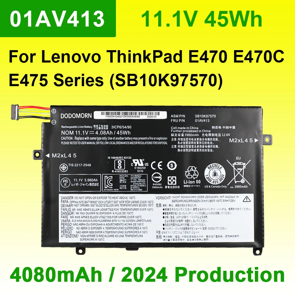 11.1V 45Wh 01AV413 Laptop Battery For Lenovo ThinkPad E470 E470C E475 Series 01AV411 01AV412 SB10K97568 SB10K97569 SB10K97570