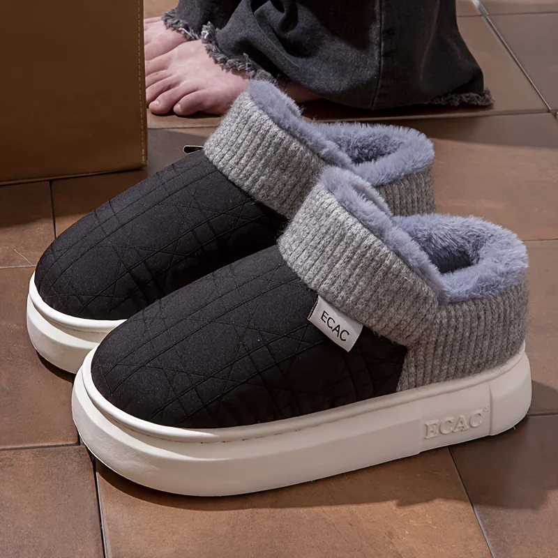 Winter Plush Lined Slippers Women Men Thick Sole Warm Cotton House Shoes Back Closed Anti Slip Indoor Outdoor Cozy Home Footwear
