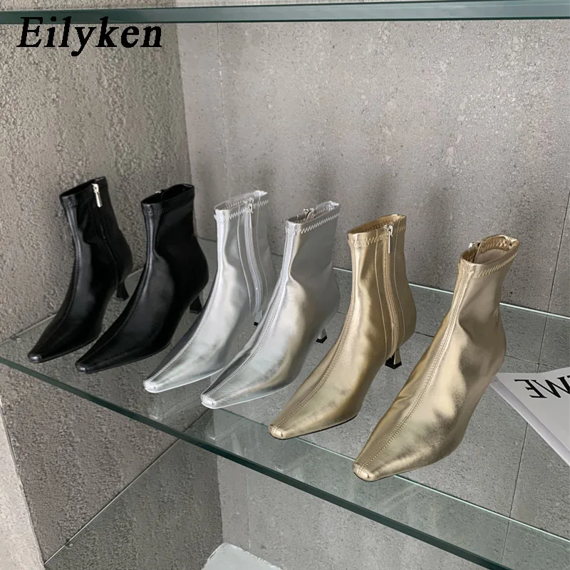 Eilyken 여성용 포인티드 토 앵클 부츠, 우아한 얇은 하이힐, 솔리드 첼시 신발, 부드러운 가죽 짧은 부츠, 봄 신상