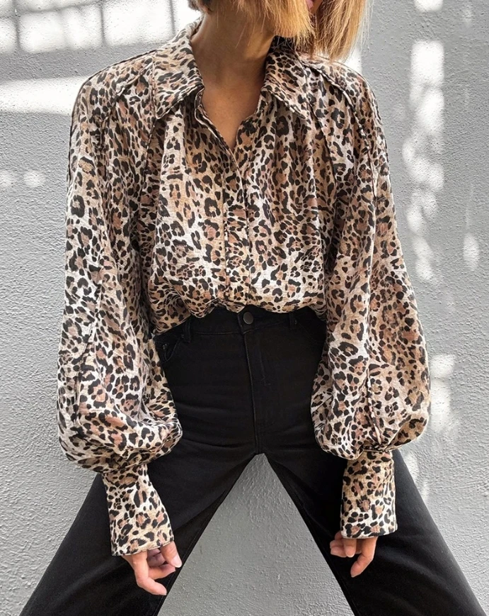 Women's Leopard Print Lantern Sleeve Elegant Blouses Temperament Commuting Female Turn-Down Collar Fashion Casual Shirt Top