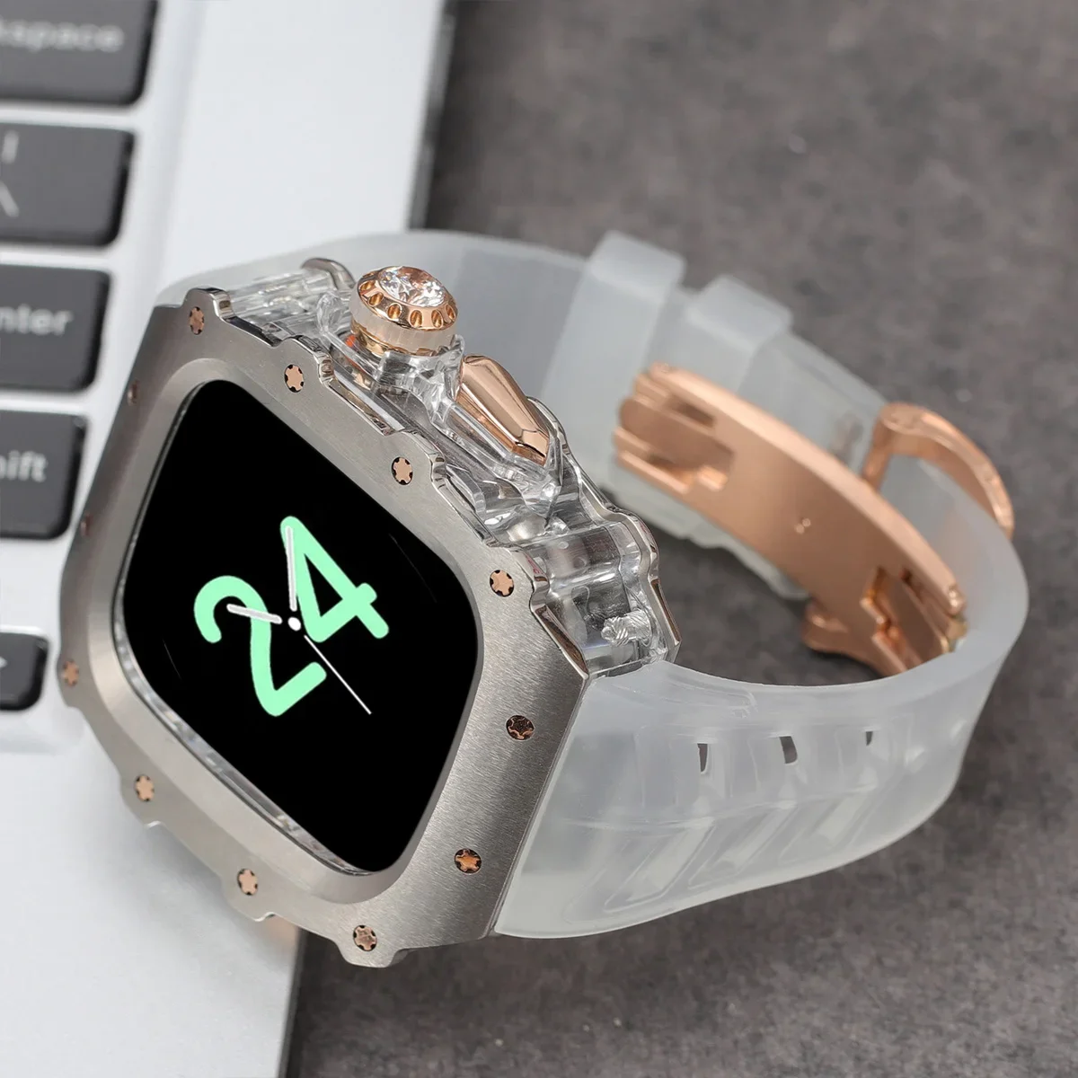 

Luxury Modification Kit For Apple Watch 46mm Silicone Strap For iWatch Series 10 Titanium Modified Case