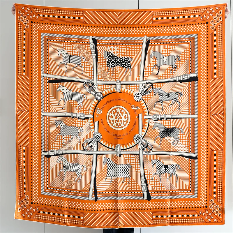 High-end Elegant Women's Exquisite Horse Gear Pattern Printed Quality 12MM Twill Silk Hand-rolled Edge 140CM Square Scarf Shawl