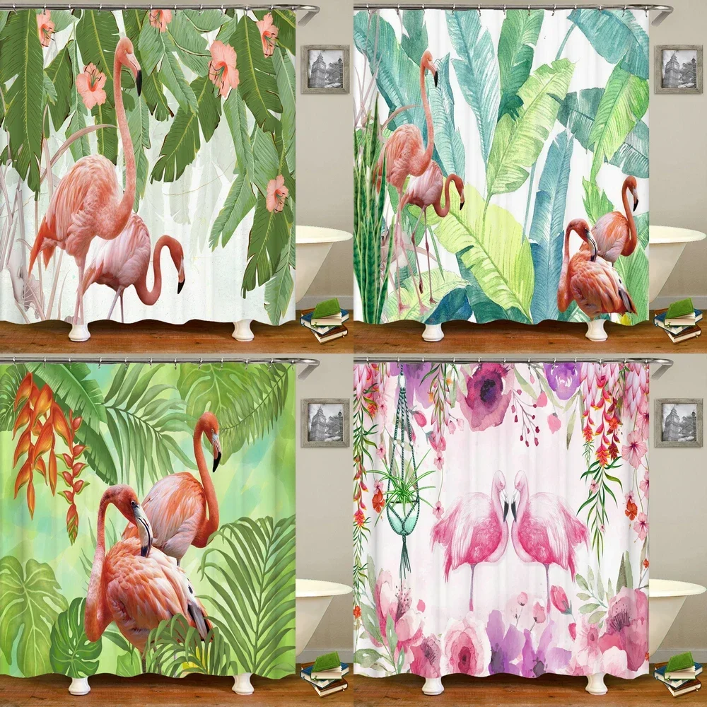 Pink bird flamingo tropical plants print home decoration shower curtain polyester bathroom waterproof curtain with hook 180x180