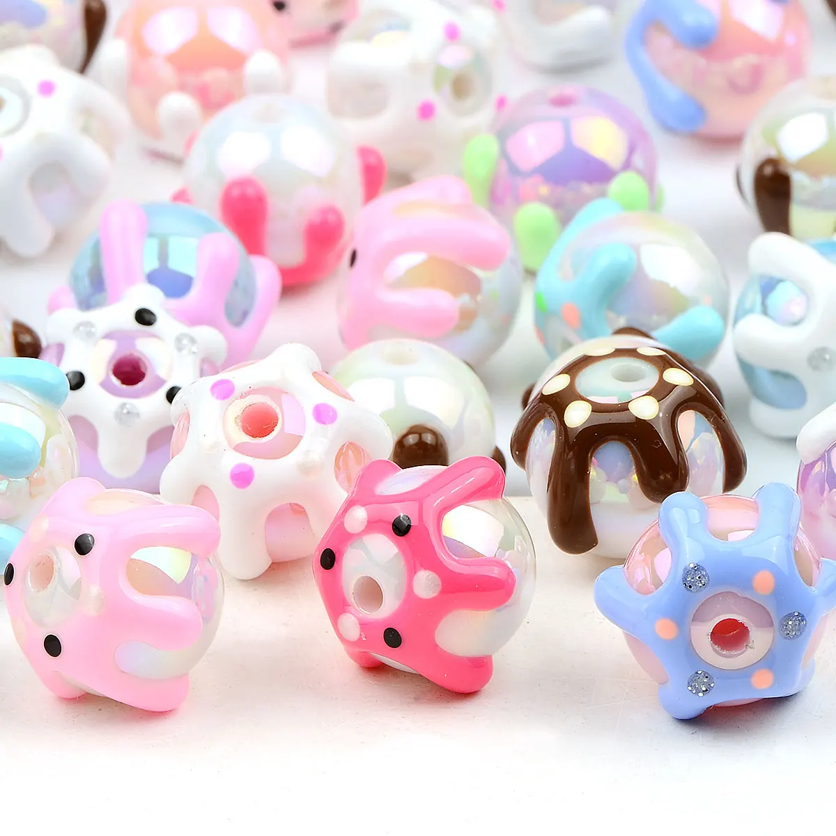 1.6cm 10pcs Cartoon Colorful Cute Ice Cream Printing Round Shape Acrylic Beads Jewelry Making DIY Bracelet Necklace Supplies