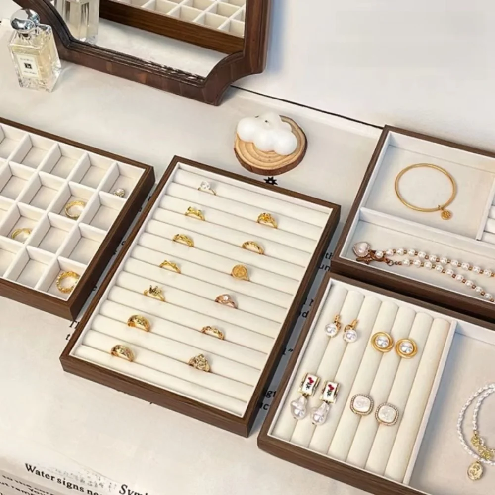 

Multi-Compartment Wooden Jewelry Display Tray Velvet Lining Flat Bottom High-end Necklace Organizer Space Saving Large Capacity