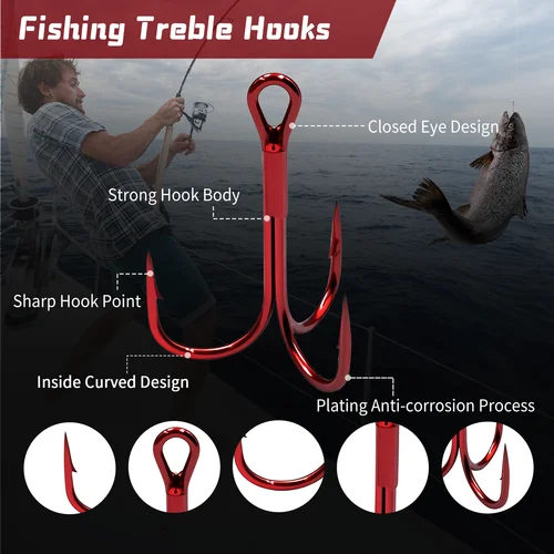 Imagen 2 del producto FishTrip-anzuelo triple rojo, 25-100 Uds., anzuelo triple con púas afiladas y curvatura redonda, anzuelos triples de acero rico en carbono para lubina, trucha, agua salada