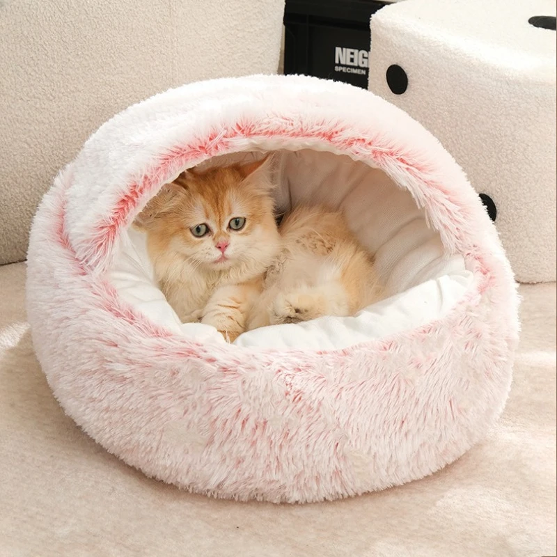 Cozy Plush Shell Cat Nest Semi-Enclosed Warm Pet Bed for Winter and All Seasons