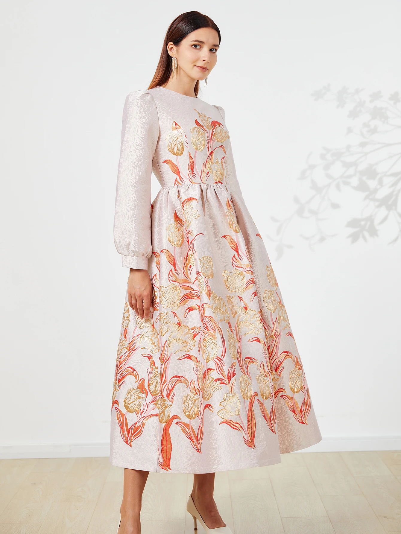 Heavy Industry Jacquard Autumn-Winter New Style Round-neck A-line Orange Gold Floral Elegant Attitude Banquet Dress