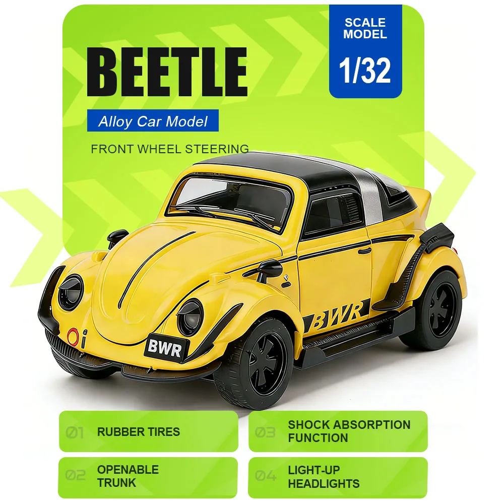 

1:32 Beetle Model Toy Miniature Cars Alloy Diecast Doors Opened Pull Back Sound Light Exquisite Interior Home Decoration for Kid