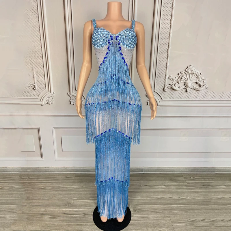 キラキラフルラインストーンフリンジドレス女性祝うイブニングドレスステージキャットウォークフェスティバル衣装社交パーティードレス XS9763