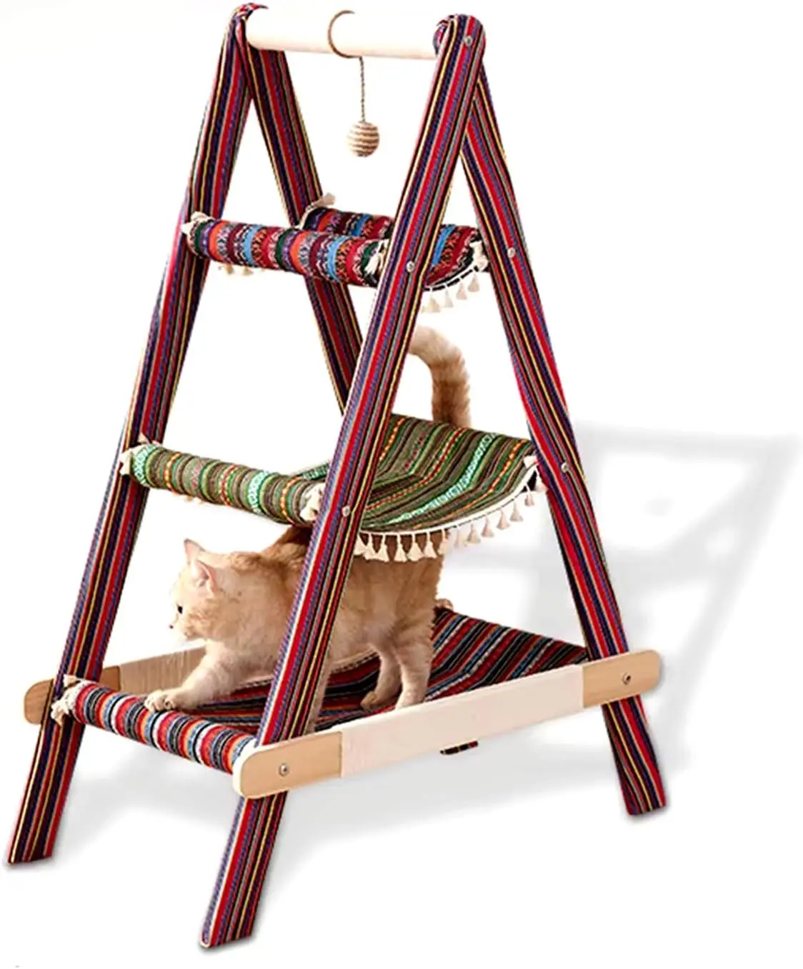

Modern Boho Style 3-Tier Cat Tree Tower with Hammock, Scratching Post, and Hanging Toy for Large Cats