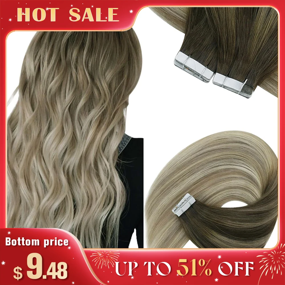 [NEW]VeSunny Tape In Hair Extensions Human Hair Real Natural Hair Balayage Color #4-14-60 Skin Weft Straight Seamless Hair