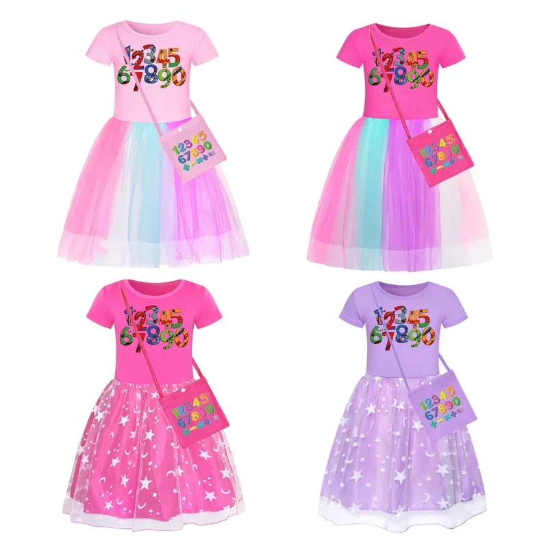 

Платья для девочек с номерами на День математики для малышей, летнее кружевное платье принцессы со звездами и короткими рукавами с сумкой, детский подарок на день рождения