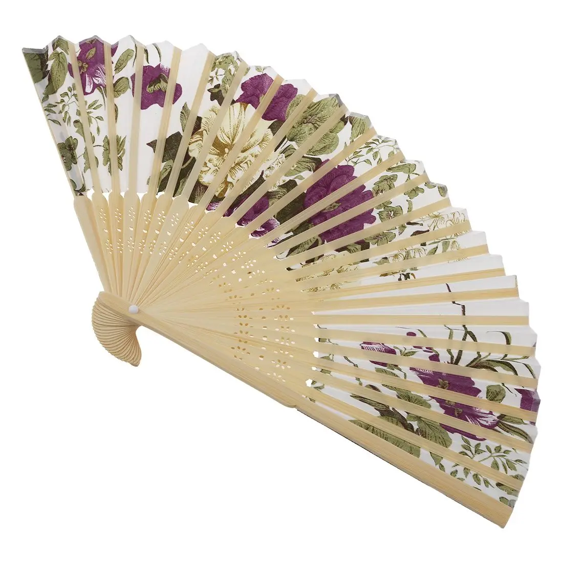 Women's Summer Wedding Floral Pattern Fabric Folding Hand Fan White Purple